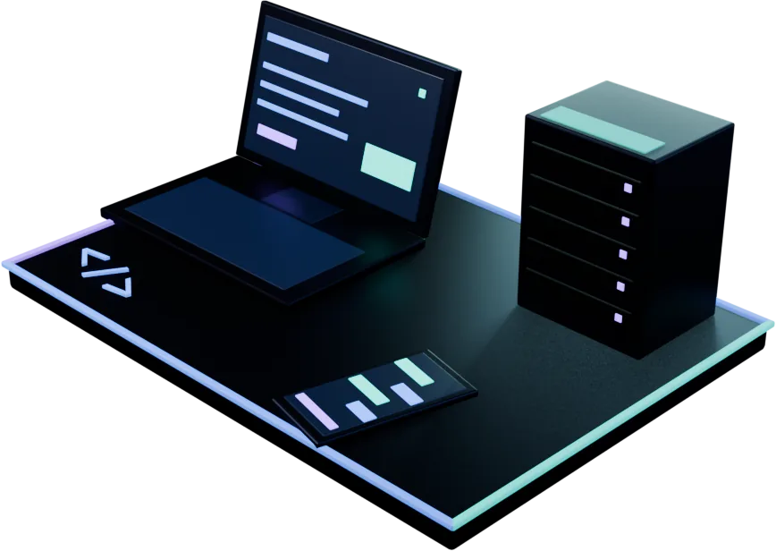 3D-сцена: ноутбук с сайтом, смартфон с диалогом Telegram-бота и серверная стойка